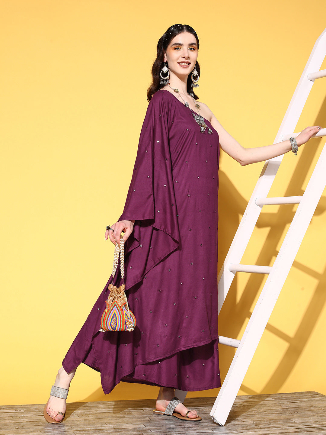 InWeave Women's Wine Mirror Work One Shoulder Kurta Set - Distacart