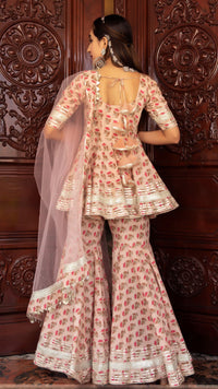 Thumbnail for Pomcha Jaipur Peach Hand Block Cotton Sharara Set - Distacart
