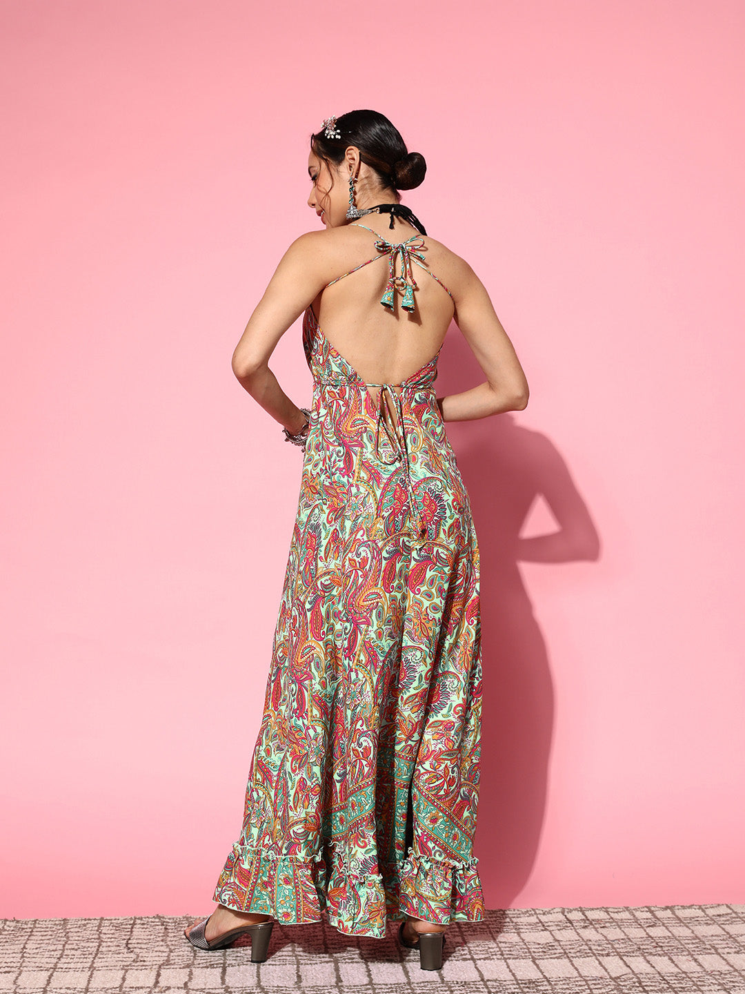 InWeave Women's Green Paisley Print Back Detail Long Dress - Distacart