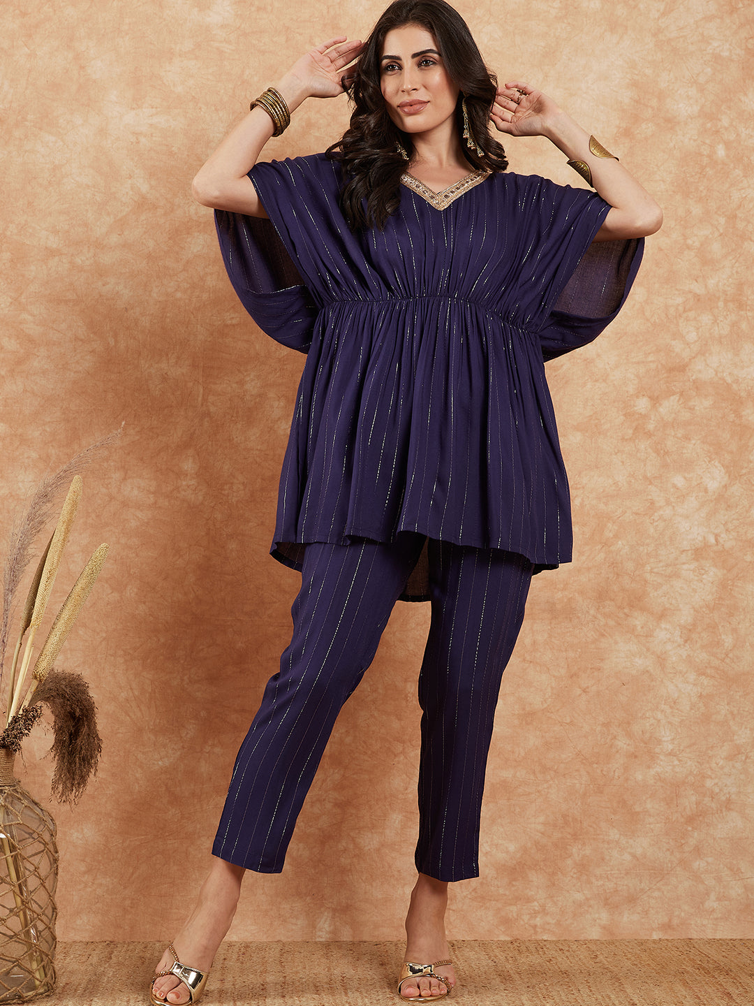 InWeave Women's Royal Blue Lurex V Neck Gota Kaftan Style Kurta Set - Distacart