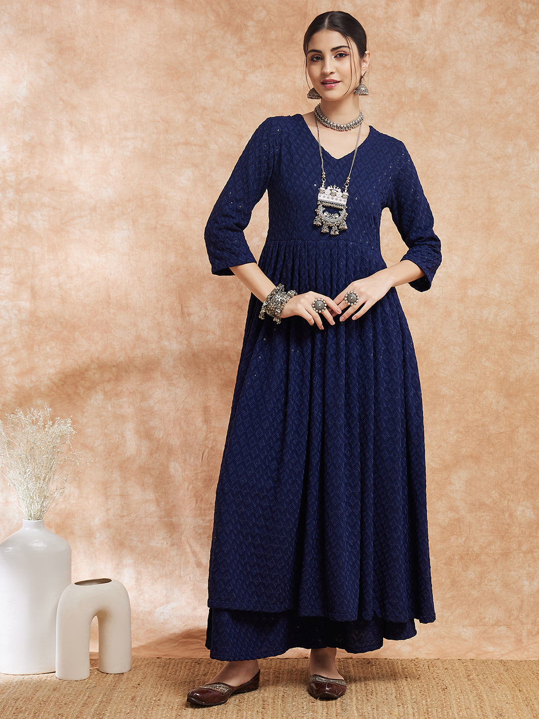 InWeave Women's Royal Blue Chikankari Long Anarkali Kurta Sharara Set - Distacart