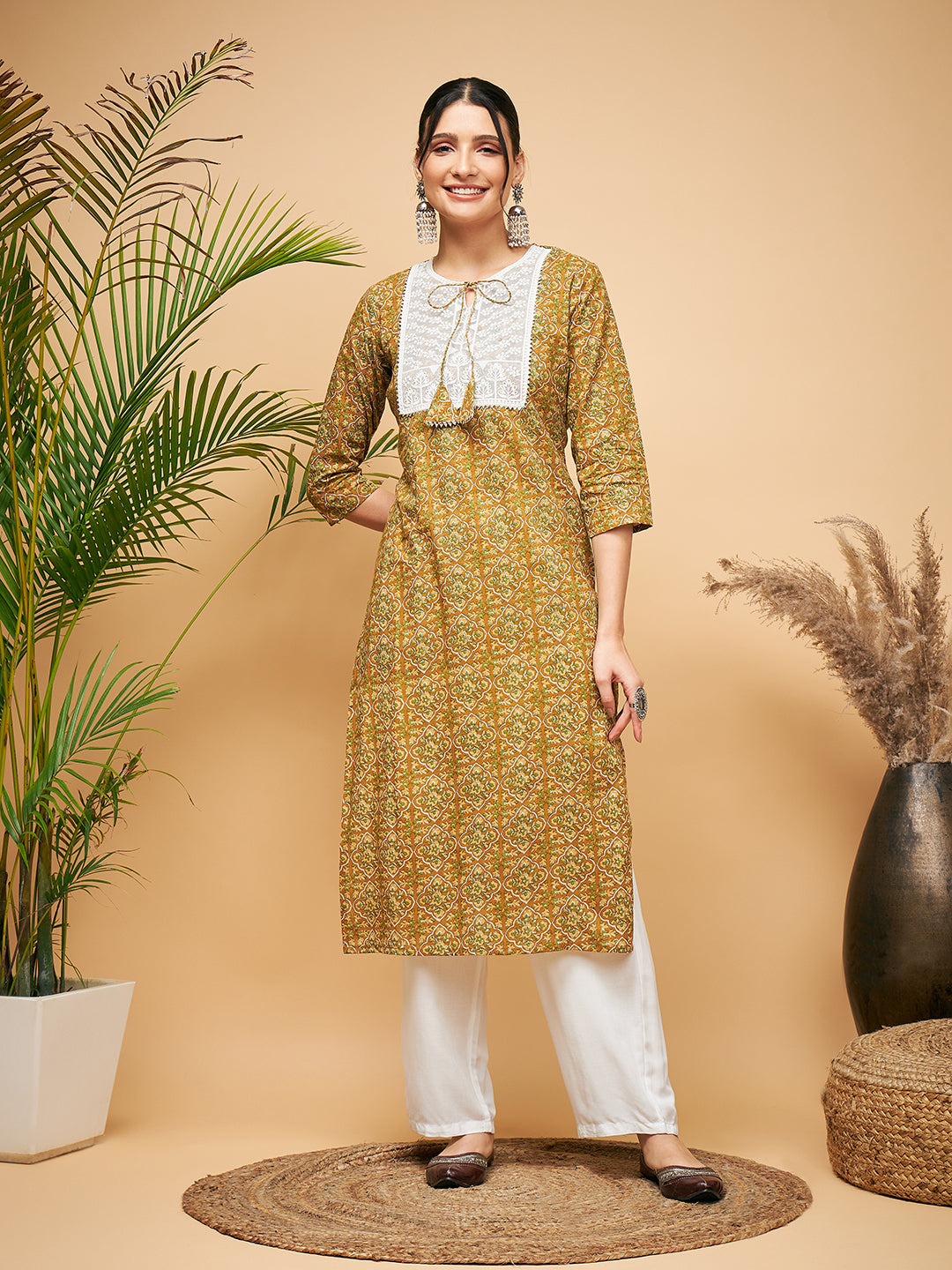 InWeave Women's Olive Ajrakh Print Cotton Patch Work Straight Kurta Pant Set - Distacart