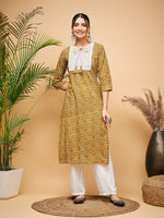 Thumbnail for InWeave Women's Olive Ajrakh Print Cotton Patch Work Straight Kurta Pant Set - Distacart