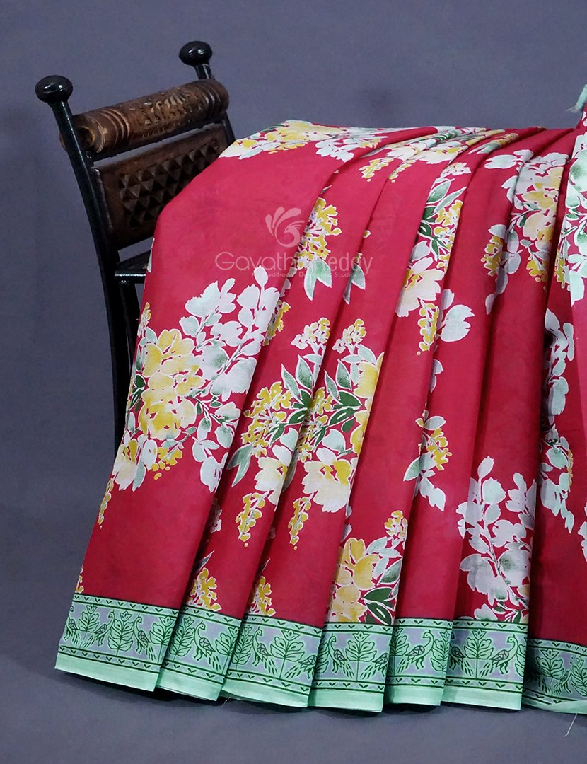 Tomato Red Colour Block Print Pure Mulmul Cotton Saree By Gayathri Reddy Designer Studio - Distacart