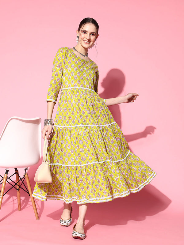 InWeave Women's Yellow Floral Print Tiered Dress With Lace - Distacart