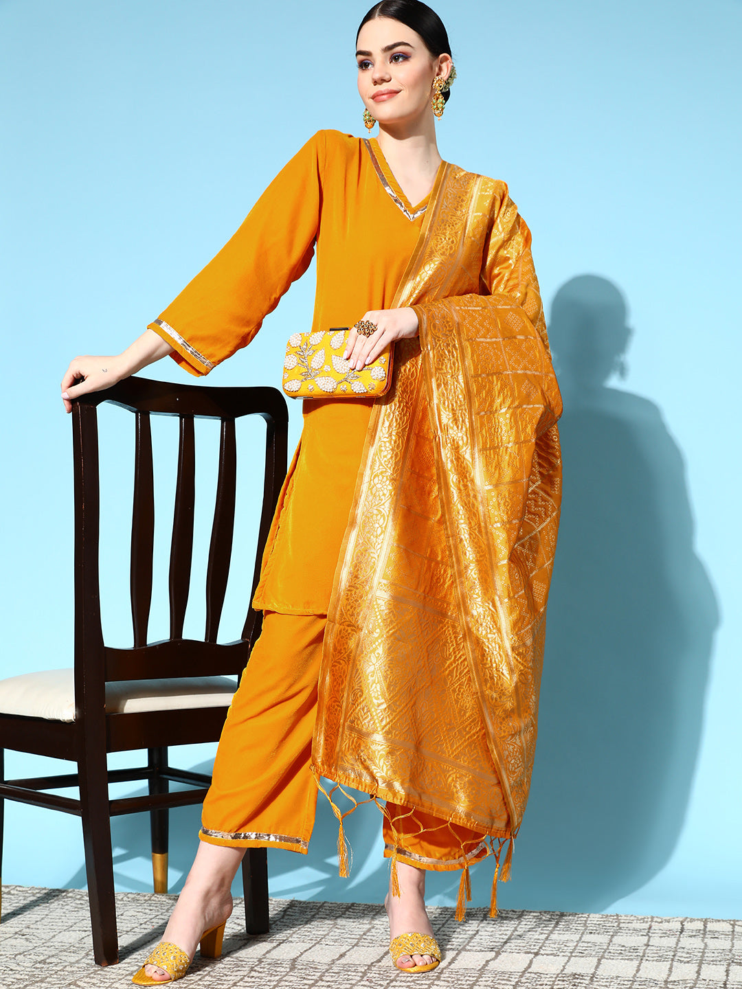 InWeave Women's Mustard Velvet Kurta Set With Mustard Gold Dupatta - Distacart
