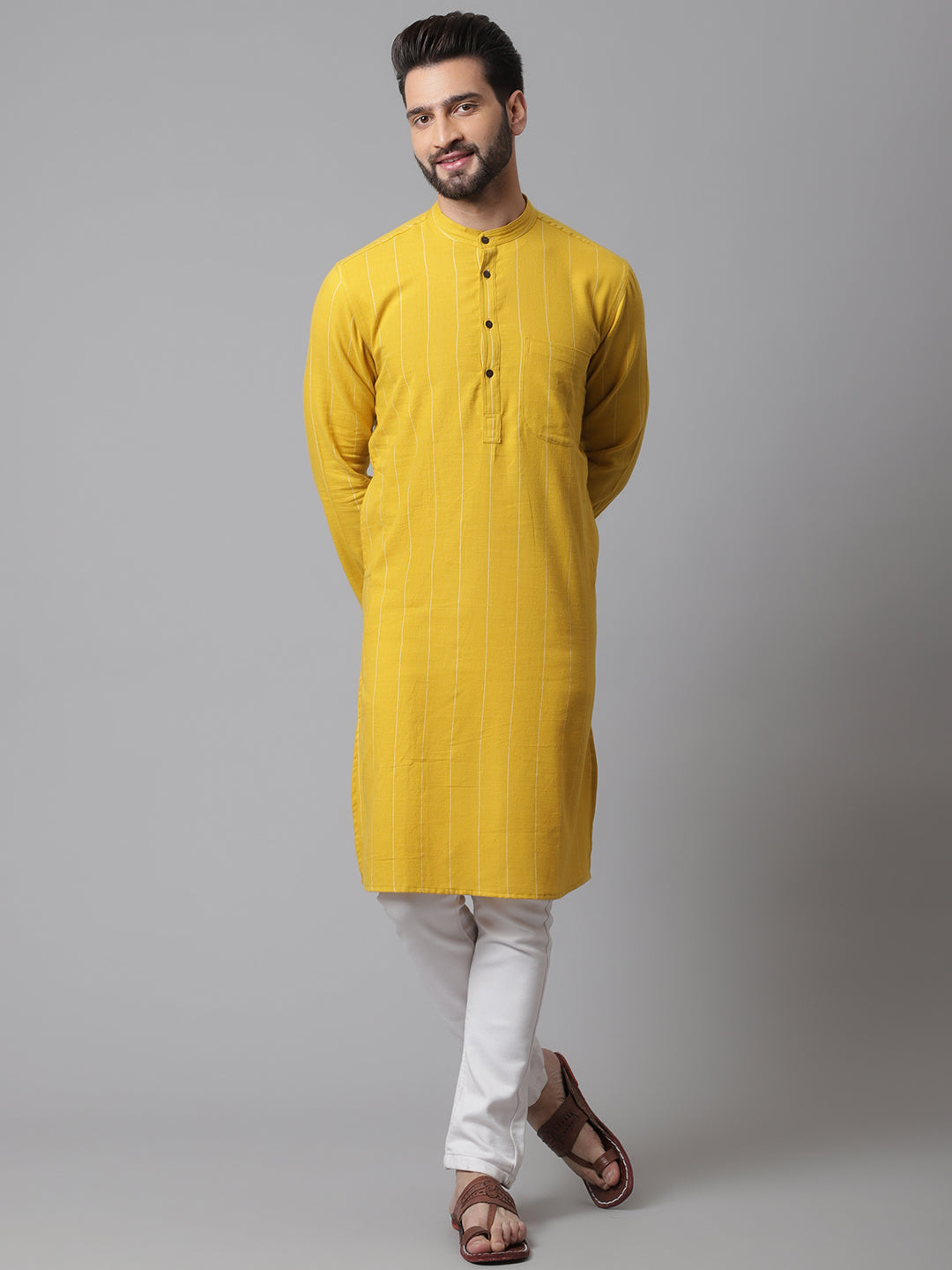Even Apparels Yellow Pure Cotton Kurta With Band Collar - Distacart