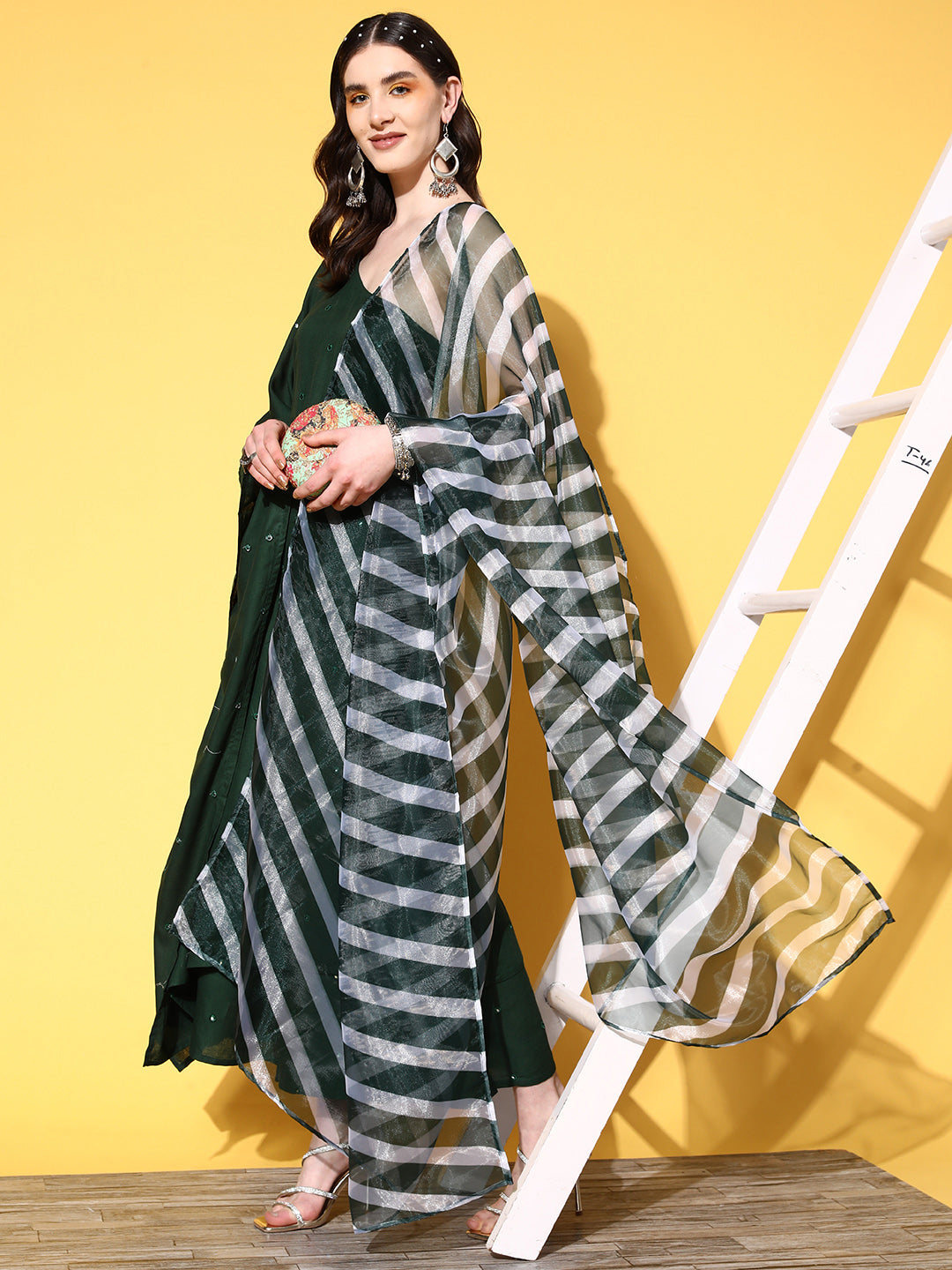 InWeave Women's Green Mirror Work One Shoulder Kurta Set With Dupatta - Distacart