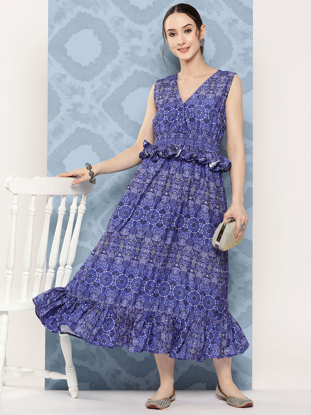 InWeave Women's Blue Floral Paisley Print Long Frill Dress - Distacart
