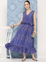 Thumbnail for InWeave Women's Blue Floral Paisley Print Long Frill Dress - Distacart
