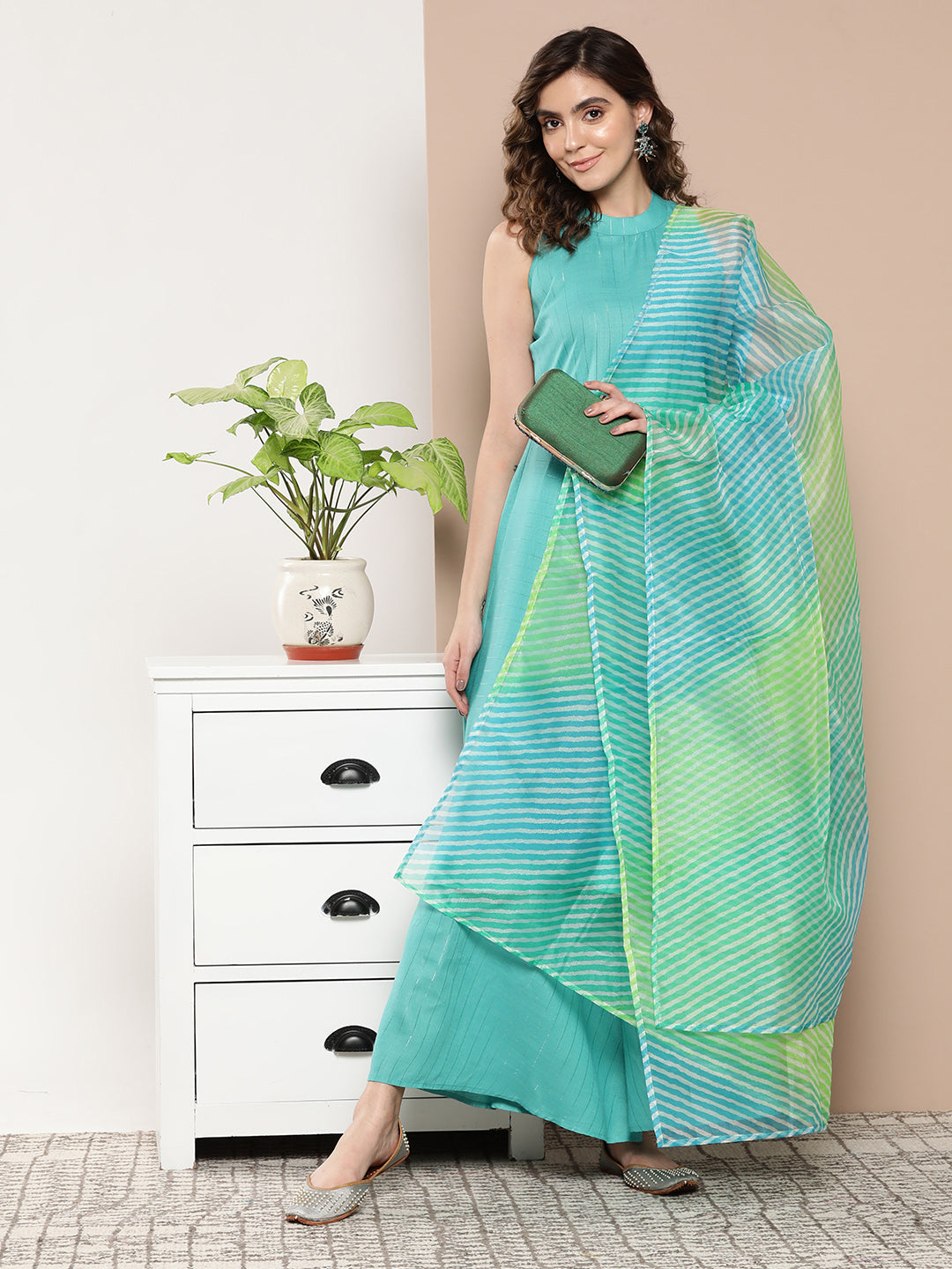 InWeave Women's Teal Lurex Boho Kurta Set With Aqua Leh Organza Dupatta - Distacart