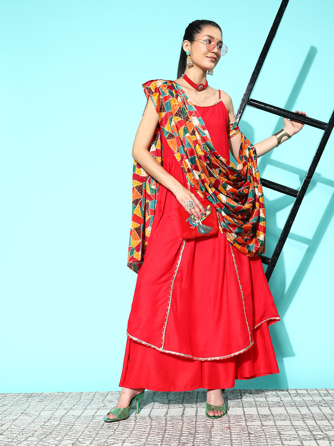 InWeave Women's Red Gota Strappy Set With Multi Foil Muslin Dupatta - Distacart