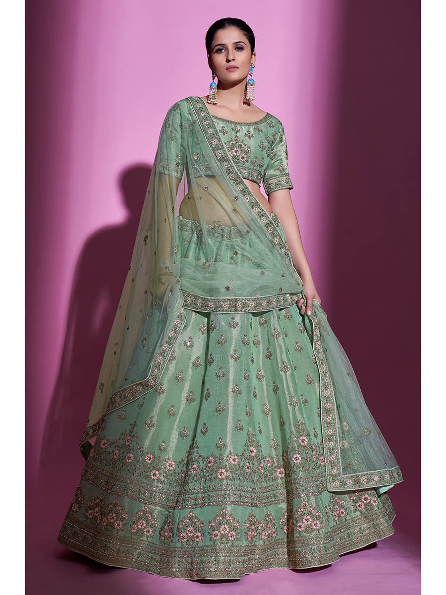 Myra Pista Green Gota Silk Embroidered Designer Lehenga Choli - Distacart