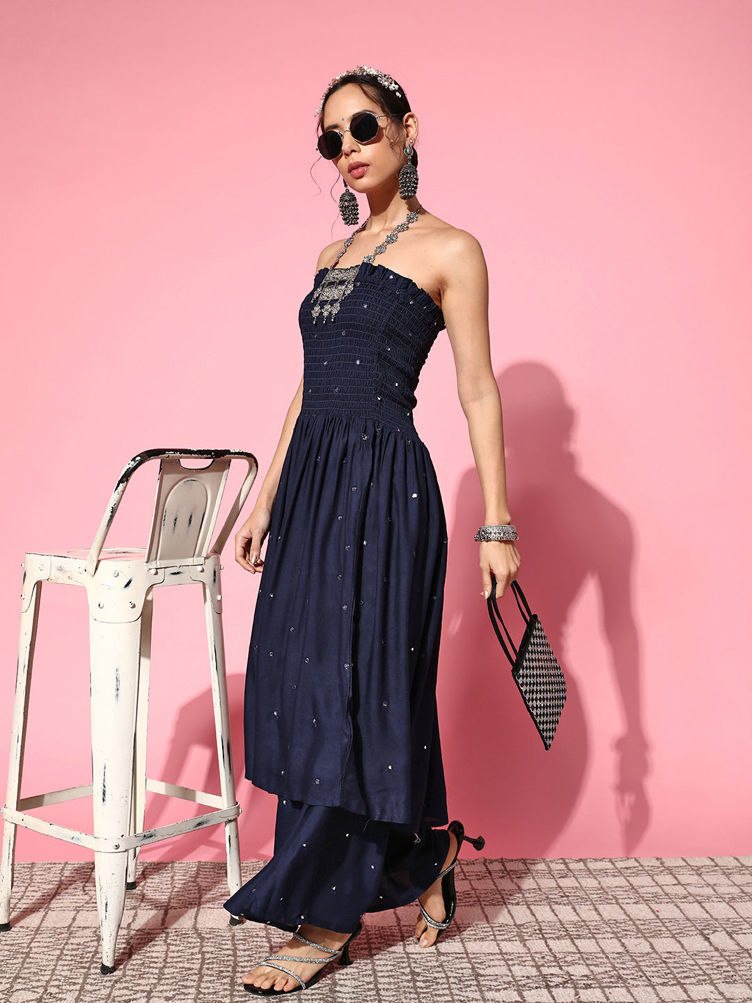 InWeave Women's Navy Blue Mirror Work Off Shoulder Kurta Set - Distacart