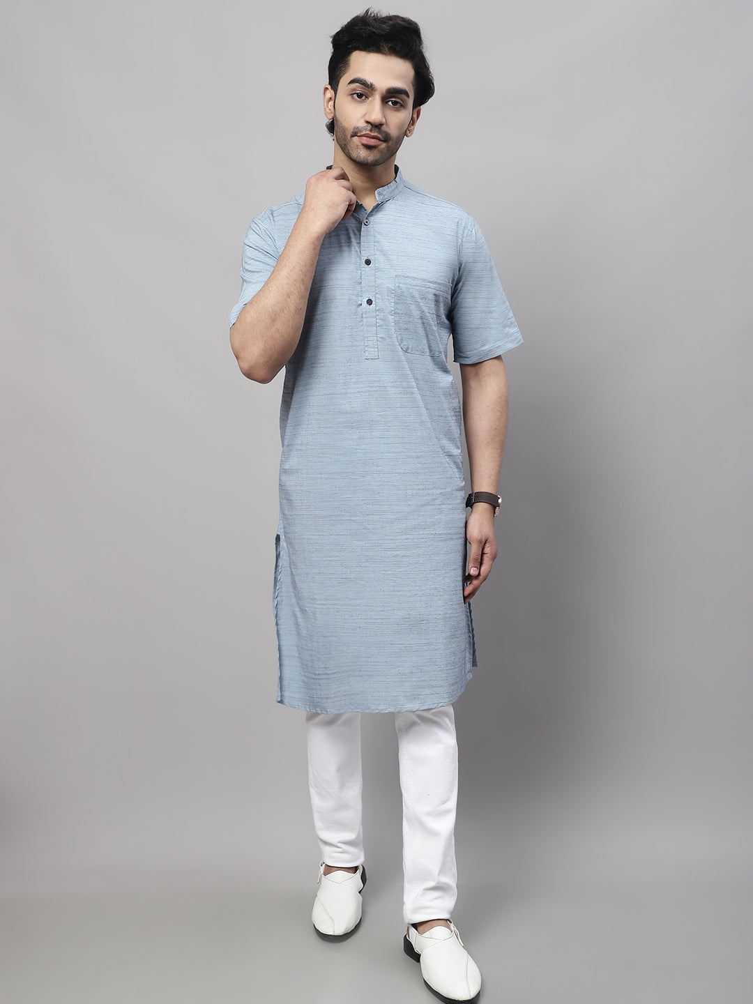 Even Apparels Blue Pure Cotton Kurta With Band Collar - Distacart