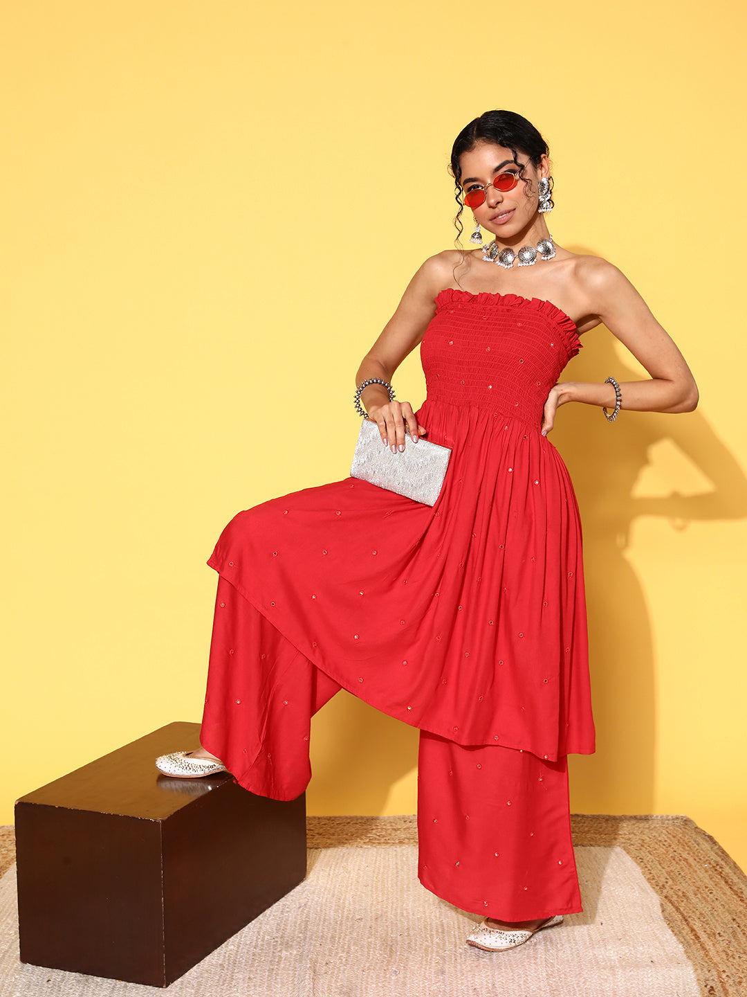 InWeave Women's Red Mirror Work Off Shoulder Kurta Set - Distacart