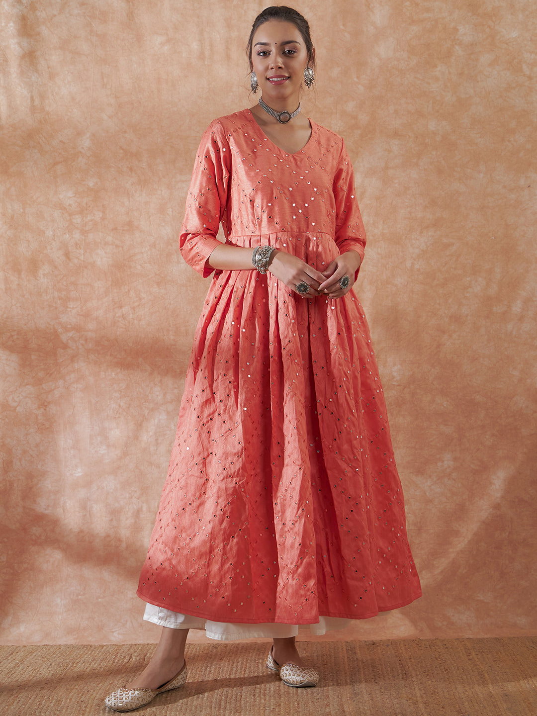 InWeave Women's Peach Mirror Work Long Anarkali Kurta - Distacart