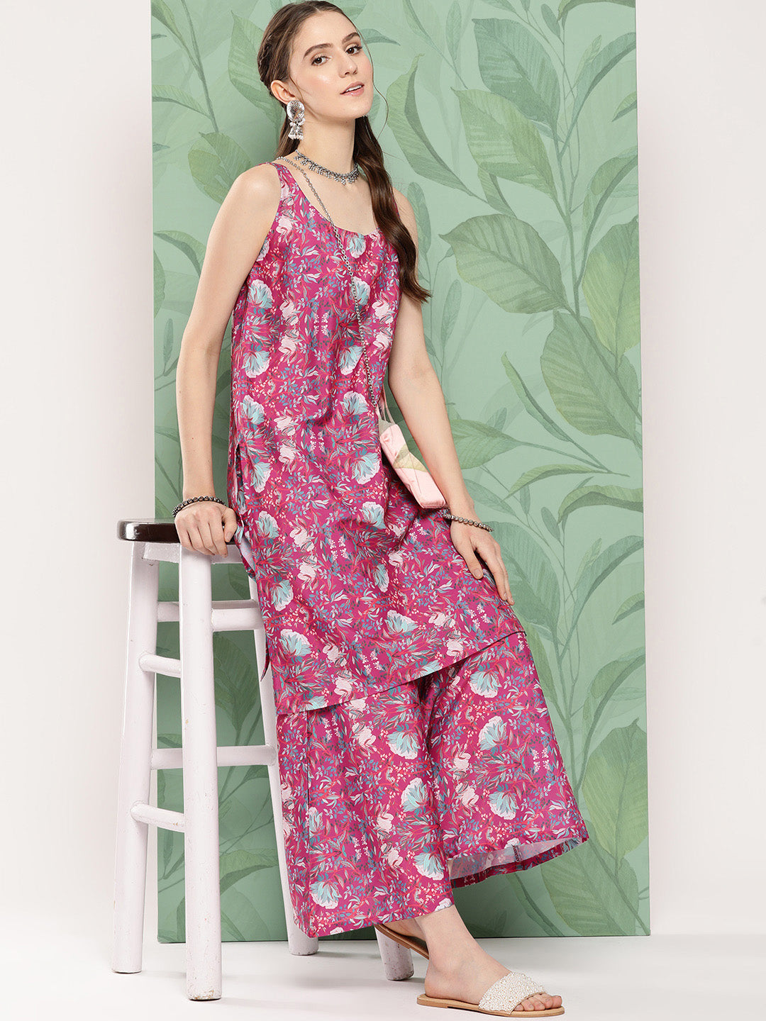 InWeave Women's Magenta Camelia Print Crepe Kurta Set - Distacart