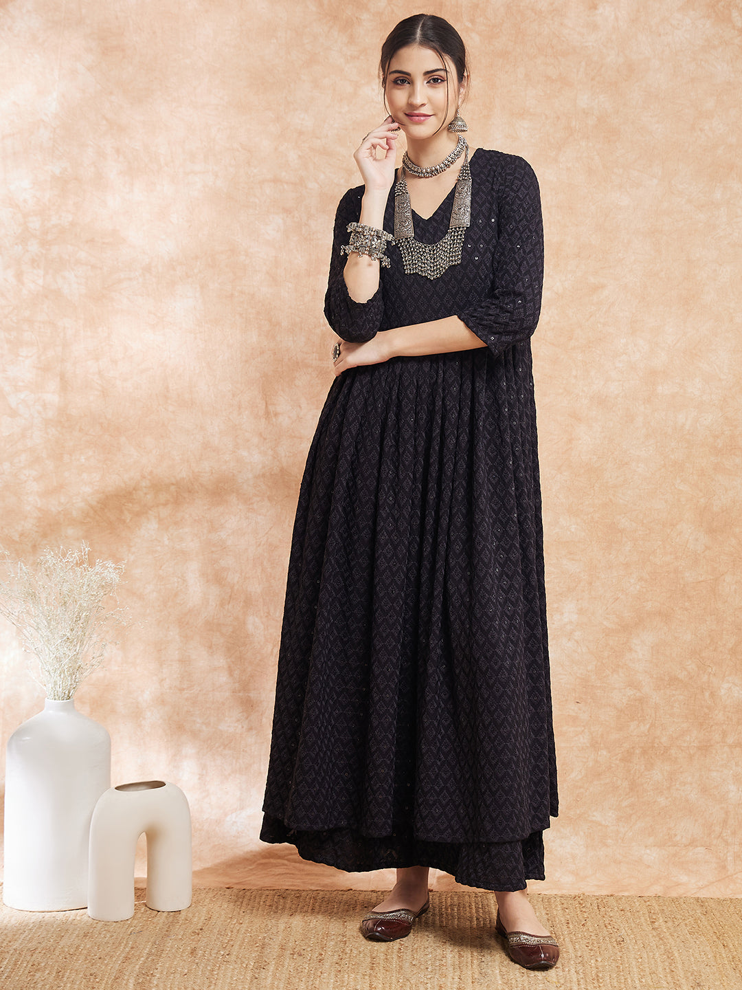 InWeave Women's Black Chikankari Long Anarkali Kurta Sharara Set - Distacart