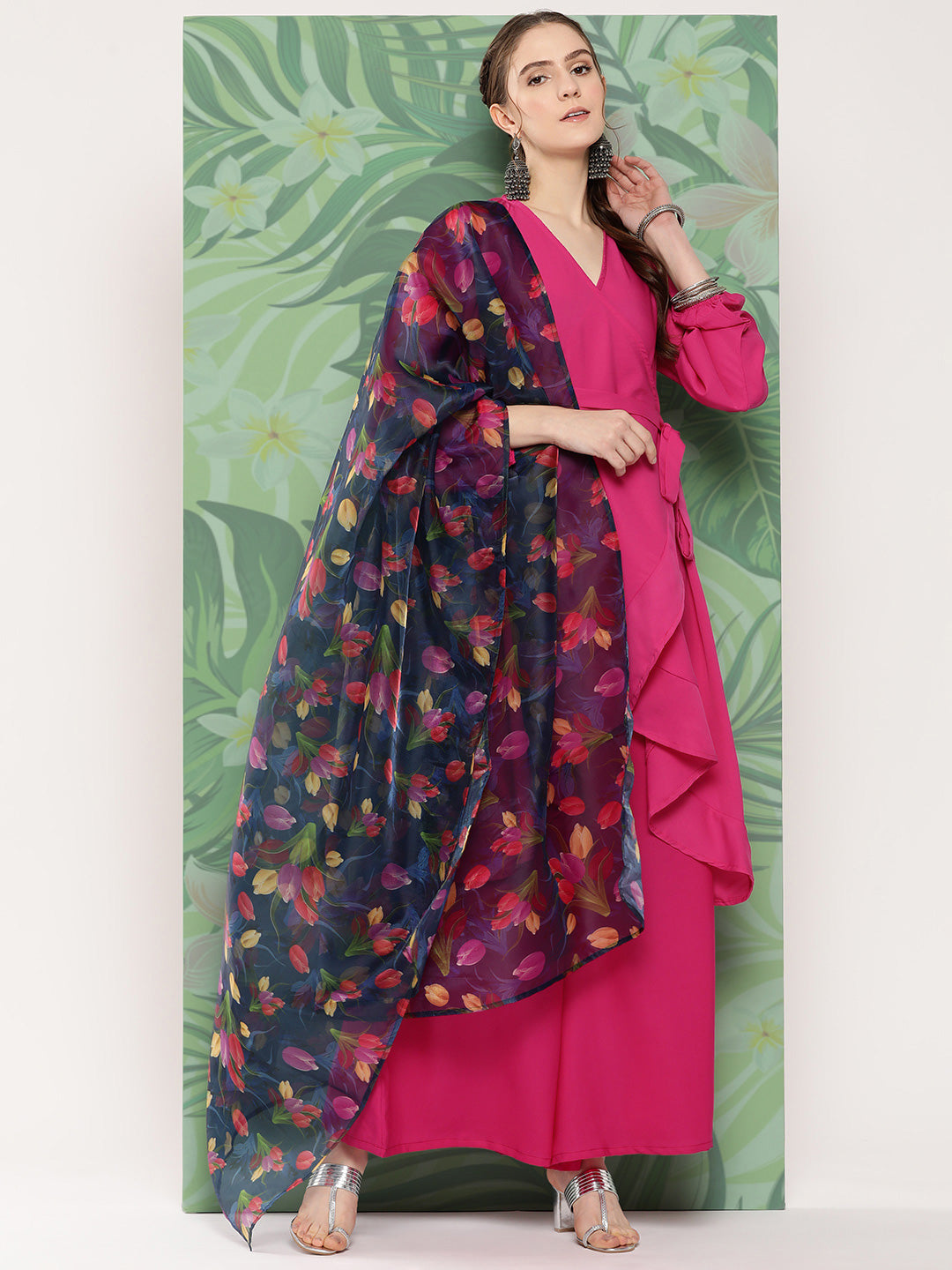 InWeave Women's Magenta Tie Up Kurta Set W Navy Pink Or Dupatta - Distacart