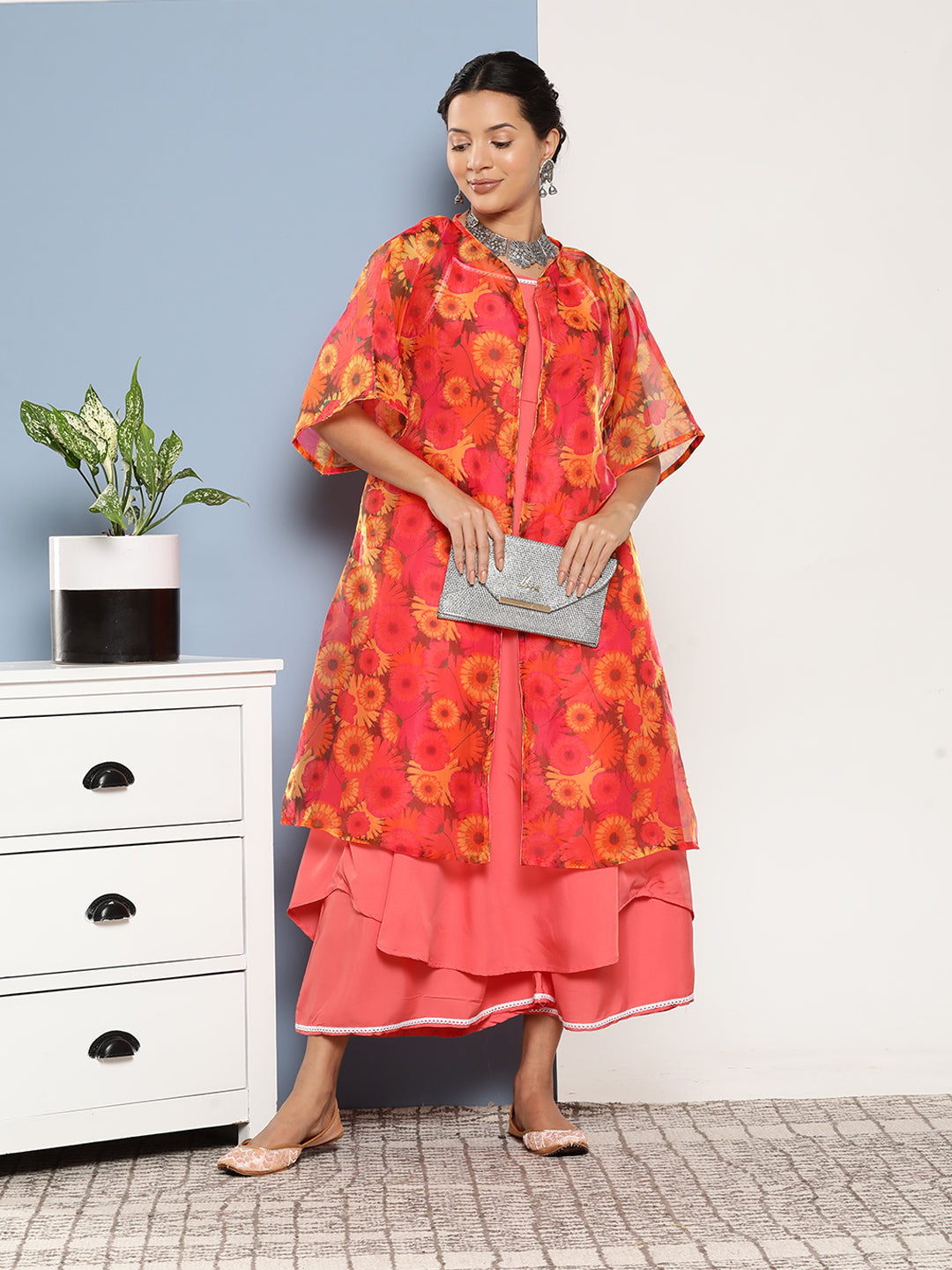 InWeave Women's Peach Cr Strappy Set With Peach Yellow Floral Cape - Distacart