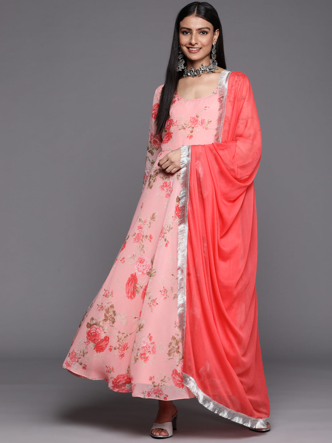 Varanga Pink Anarkali Kurta Paired With Chiffon Dupatta - Distacart