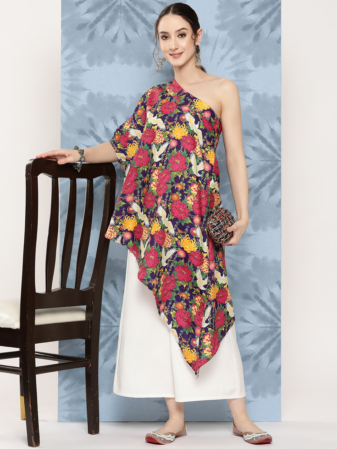 InWeave Women's Navy Bird Japanese Art Oneshoulder Top - Distacart