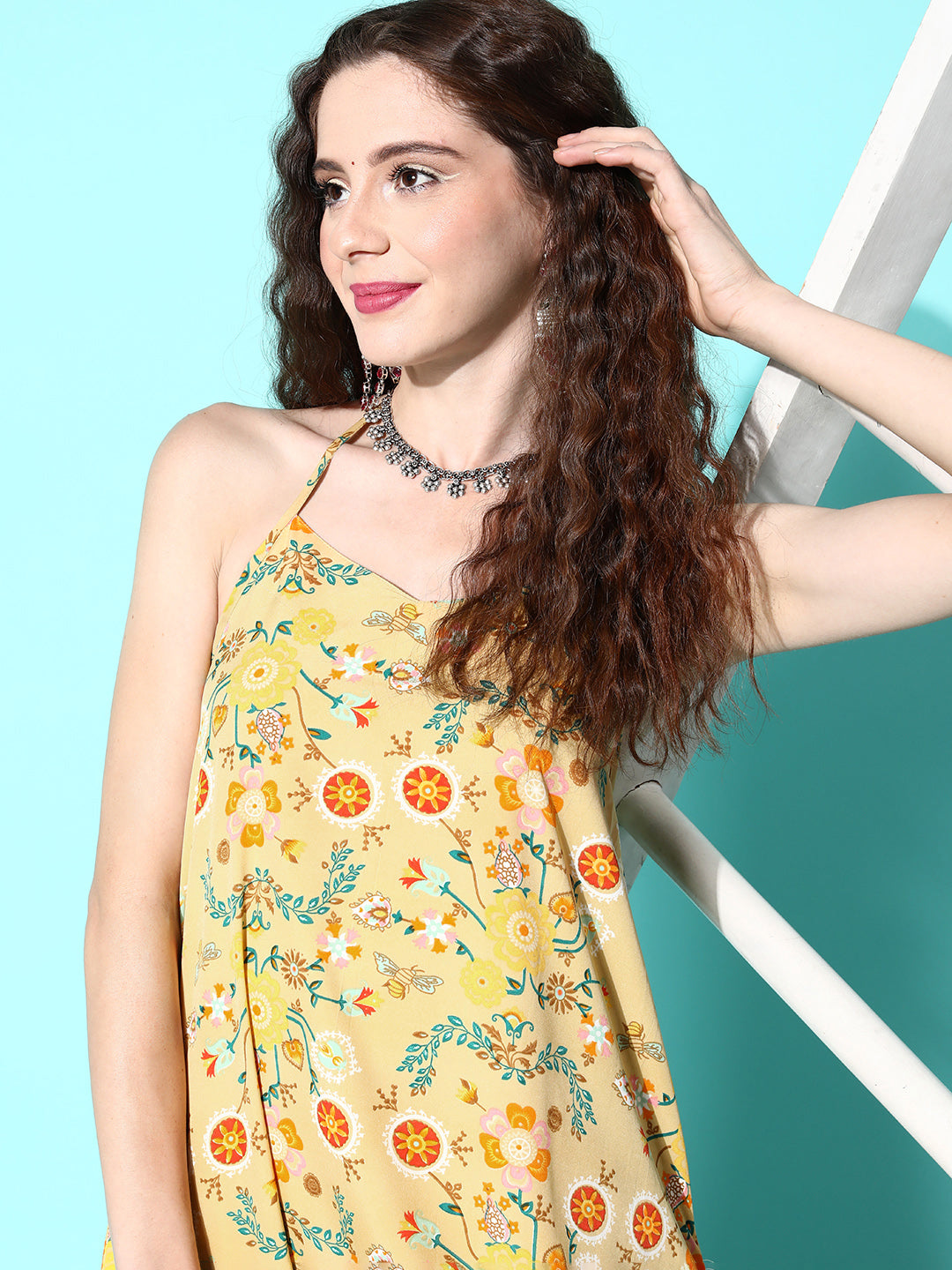 InWeave Women's Yellow Print Back Less Long Kurta Pant Set - Distacart