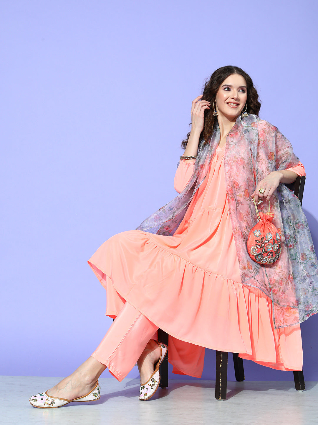 InWeave Women's Peach Flared Kurta Set With Off White Folral Organza Dupatta - Distacart