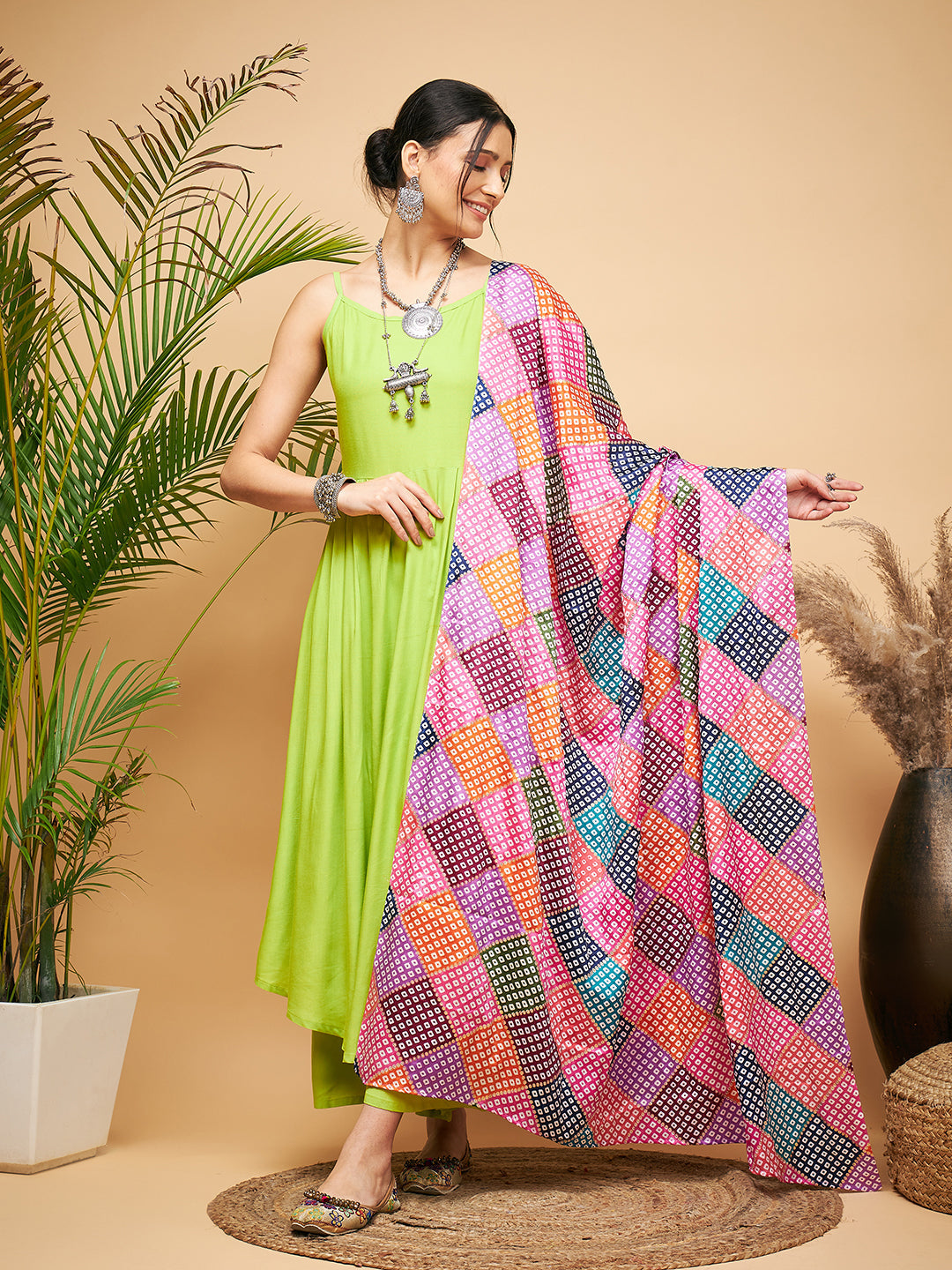 InWeave Women's Lime Green Strappy Set W Square Bandhani Print Silk Dupatta - Distacart