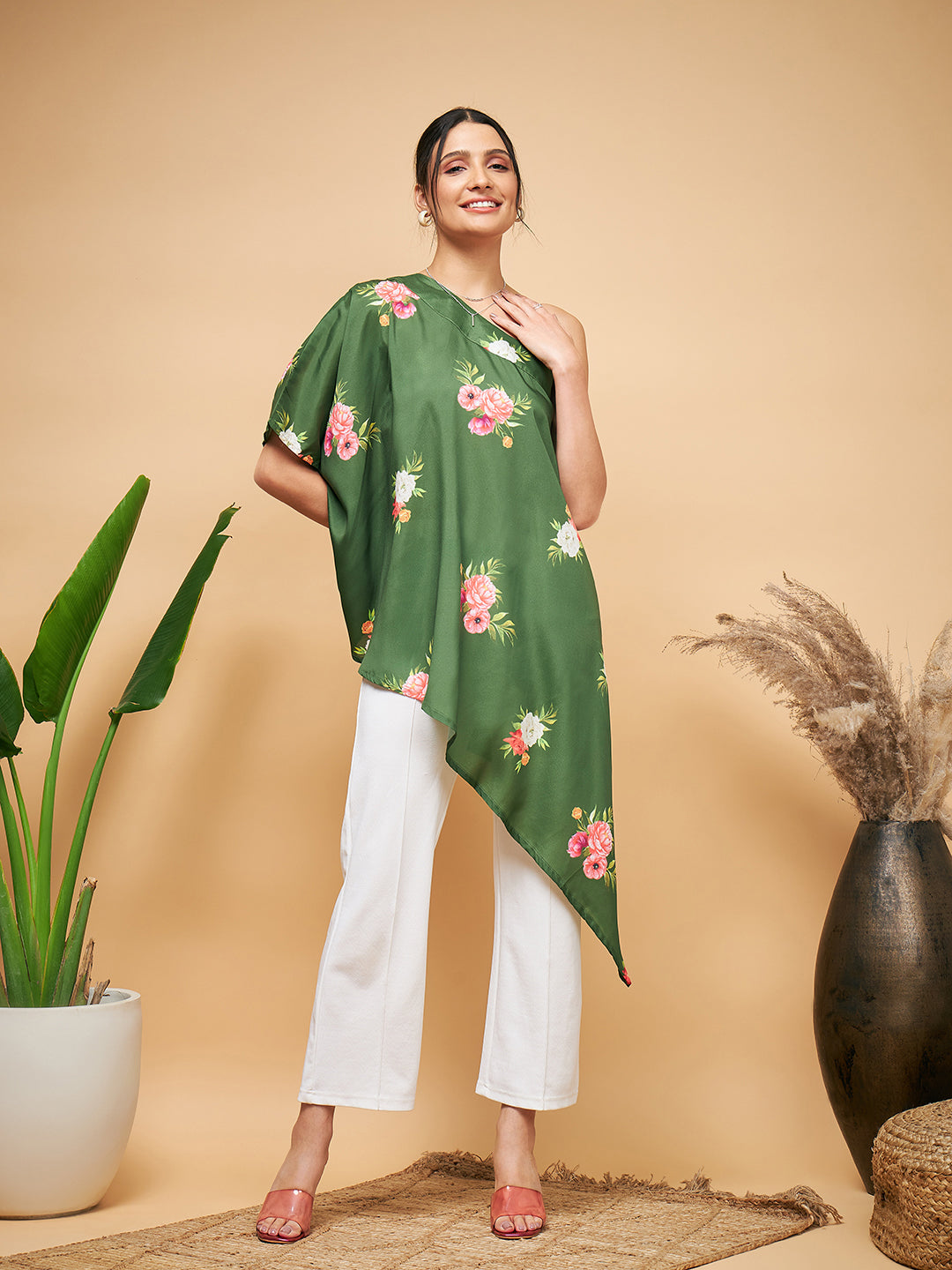 InWeave Women's Green Small Flower One Shoulder Kurta - Distacart
