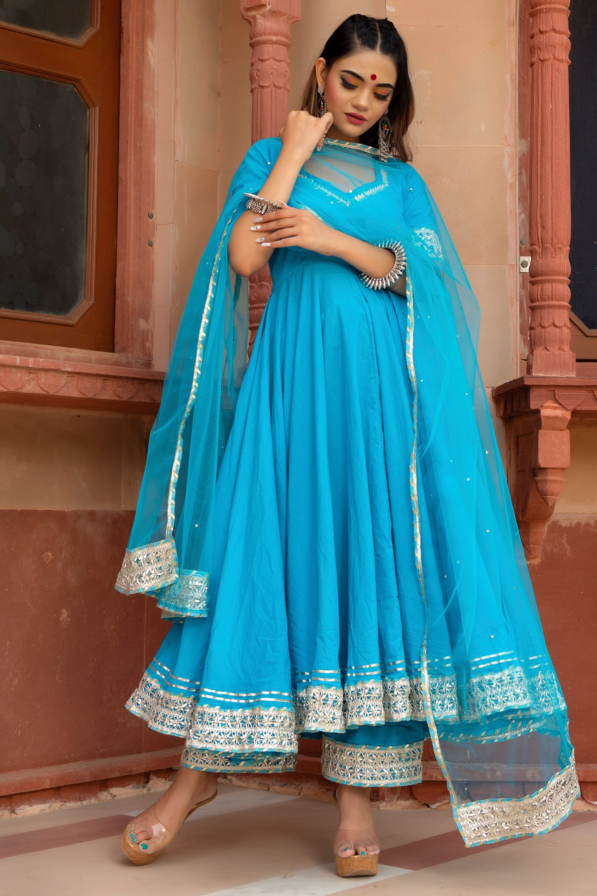 Pomcha Jaipur Kalamkari Blue Pure Cotton Anarkali Set - Distacart