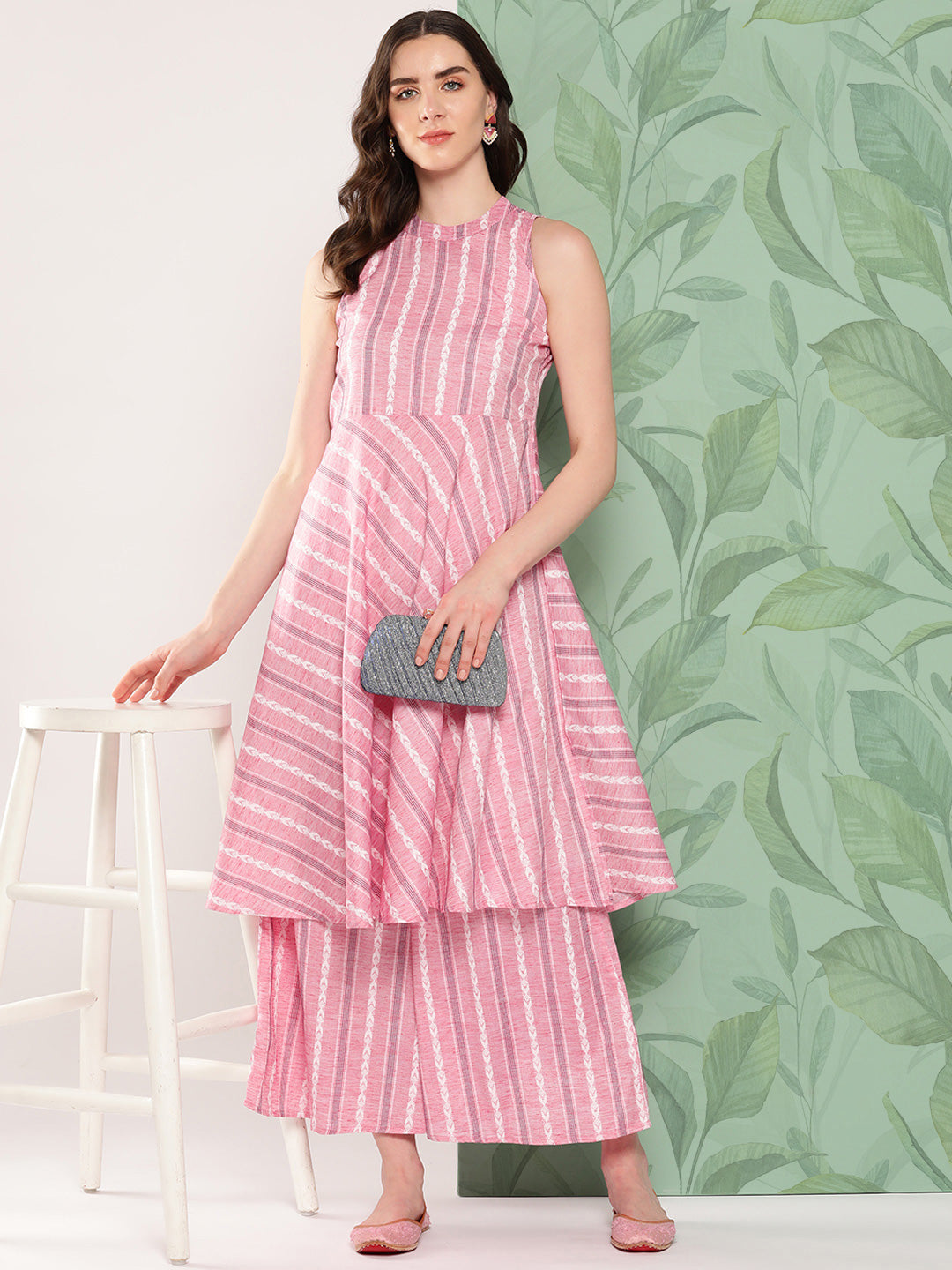 InWeave Women's Pink Kantha Striped Kurta Set - Distacart