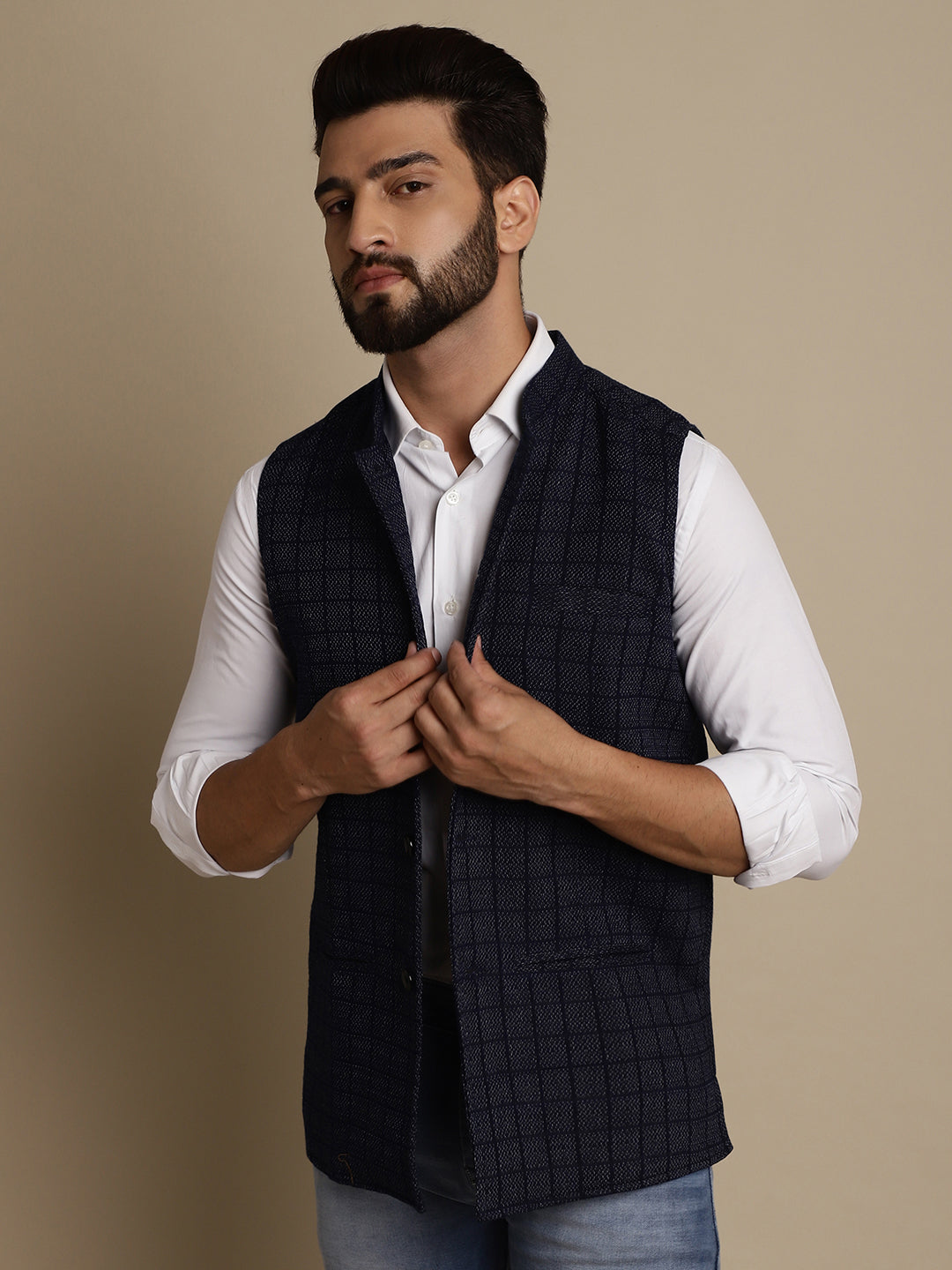 Even Apparels Men's Blue Mandarin Collar Waistcoat - Distacart