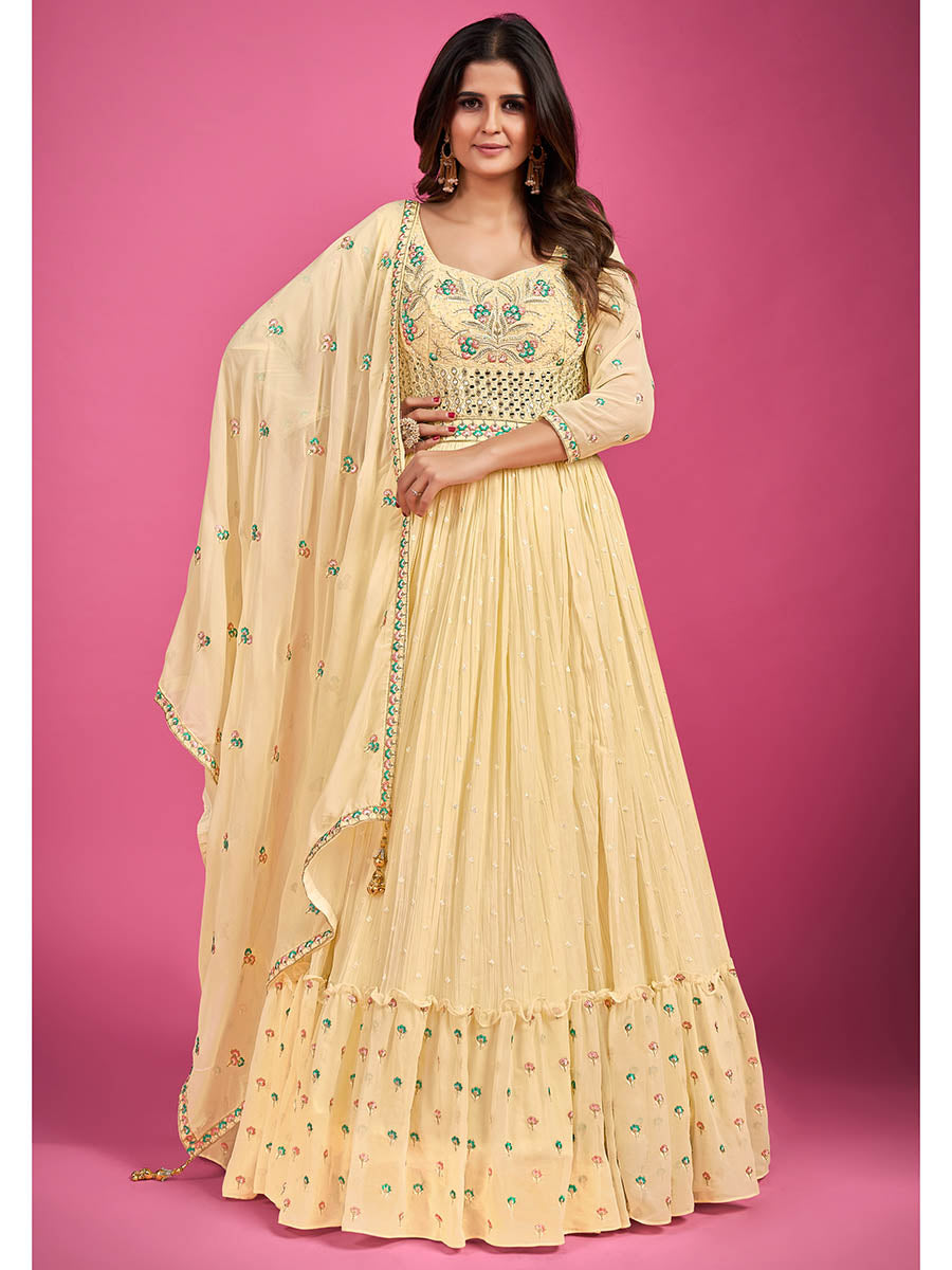 Myra Yellow Pure Georgette Embroidered Gown - Distacart