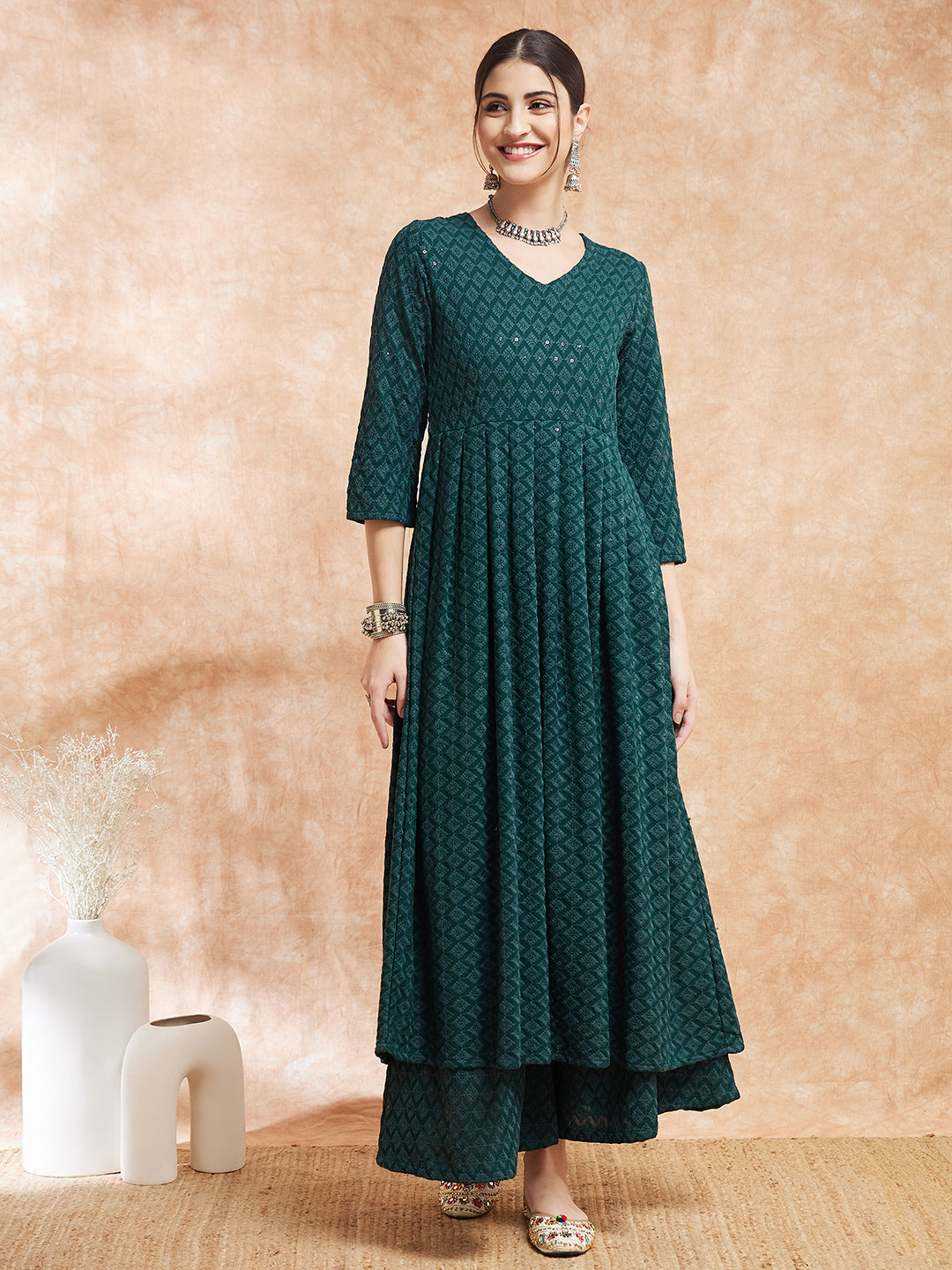 InWeave Women's Forest Green Chikankari Long Anarkali Kurta Sharara Set - Distacart