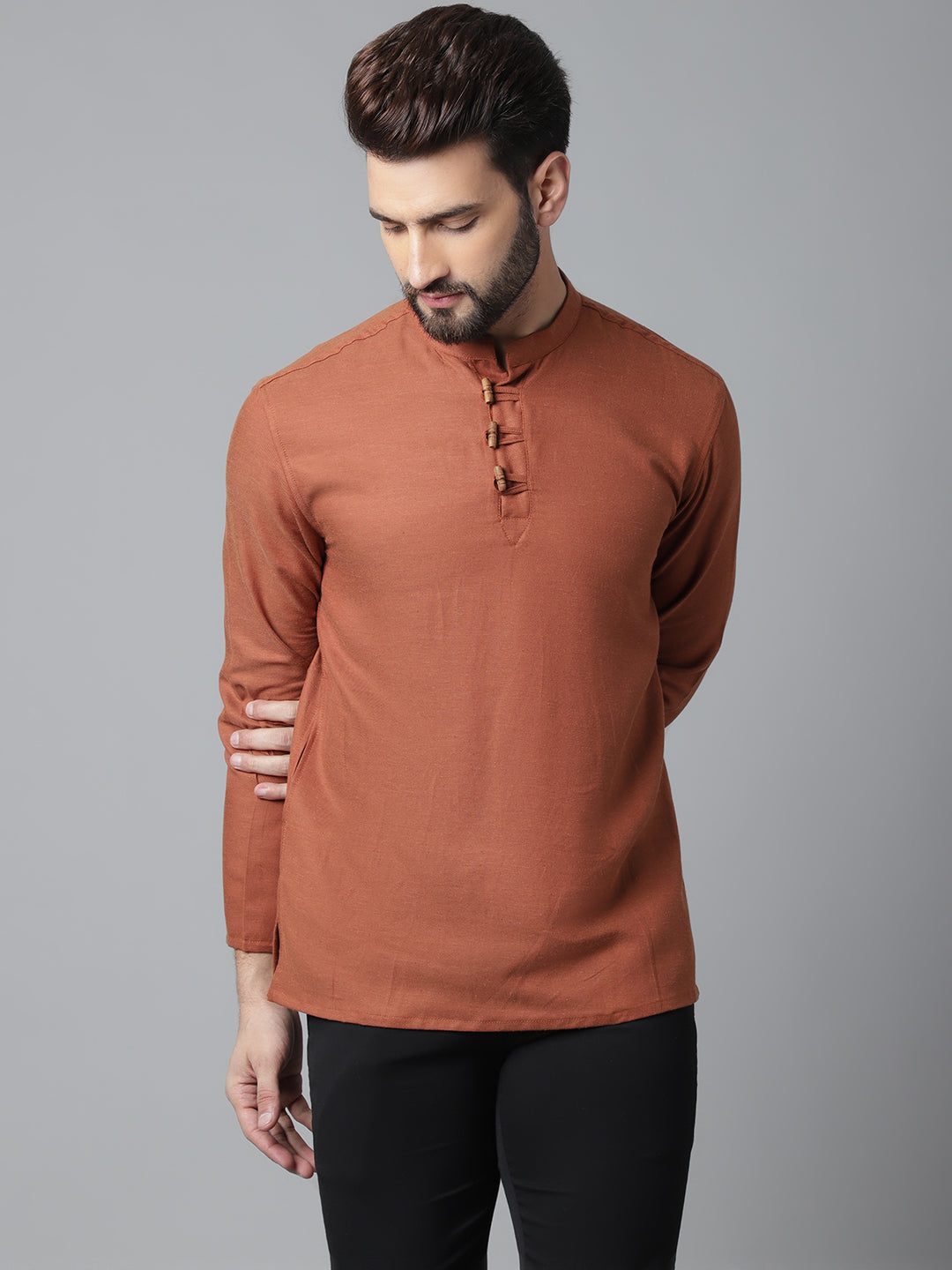 Even Apparels Rust Pure Cotton Kurta With Band Collar - Distacart