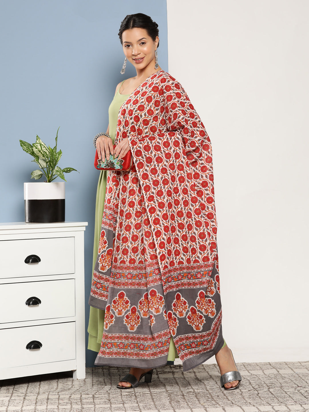 InWeave Women's Light Green Ray Strappy Set With Orange Floral Cotton Dupatta - Distacart