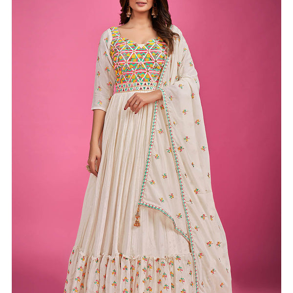 Myra White Chinon Silk Embroidered Gown - Distacart