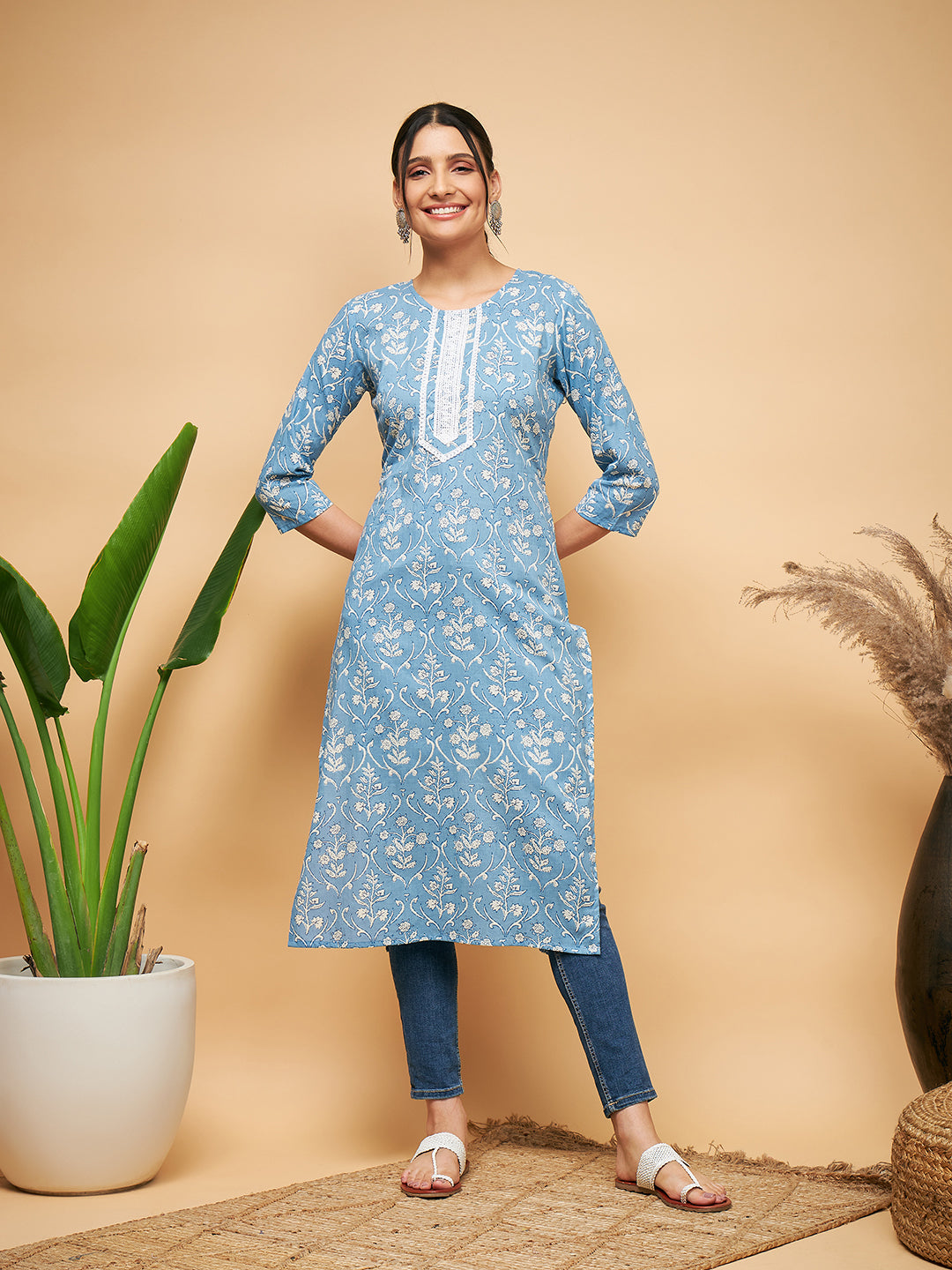 InWeave Women's Powder Blue White Print Lace Straight Kurta - Distacart