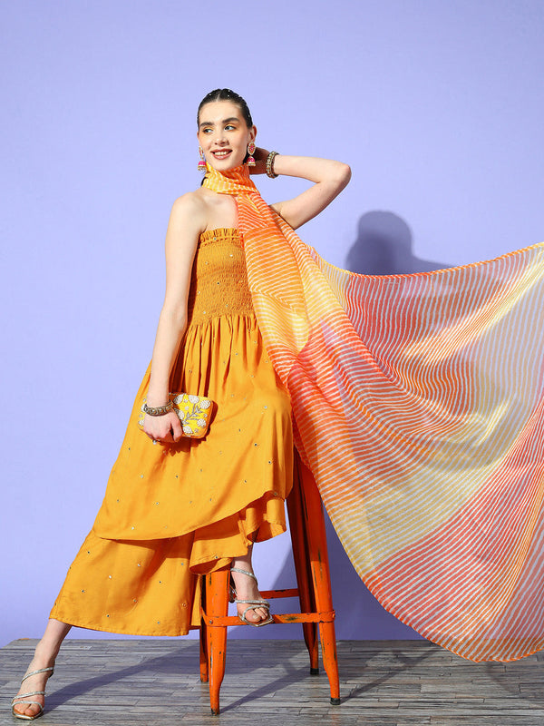 InWeave Women's Mustard Mirror Work Off Shoulder Kurta Set With Dupatta - Distacart