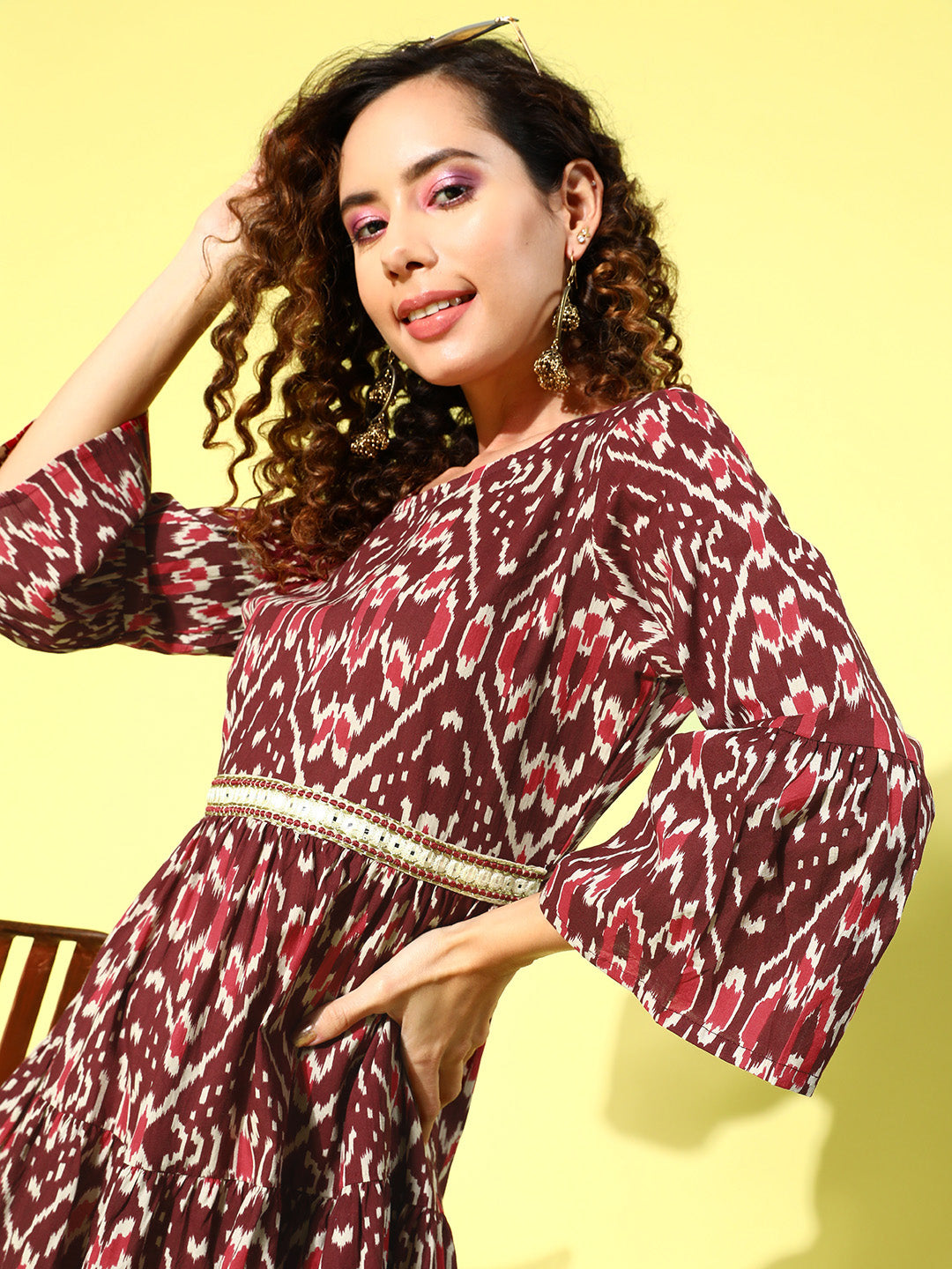 InWeave Women's Wine Pink Ikkat Print Short Dress - Distacart