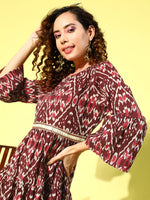 Thumbnail for InWeave Women's Wine Pink Ikkat Print Short Dress - Distacart