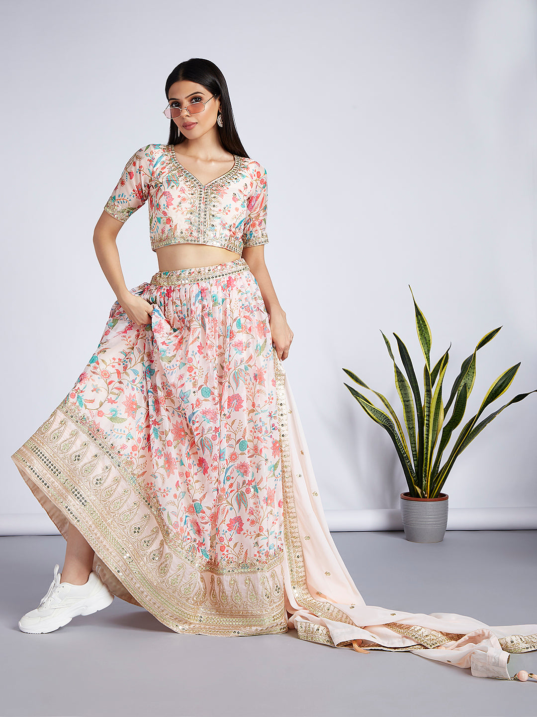 House of Panchhi Cream Colour Organza Floral Design Digital Print Lehenga Choli & Dupatta - Distacart