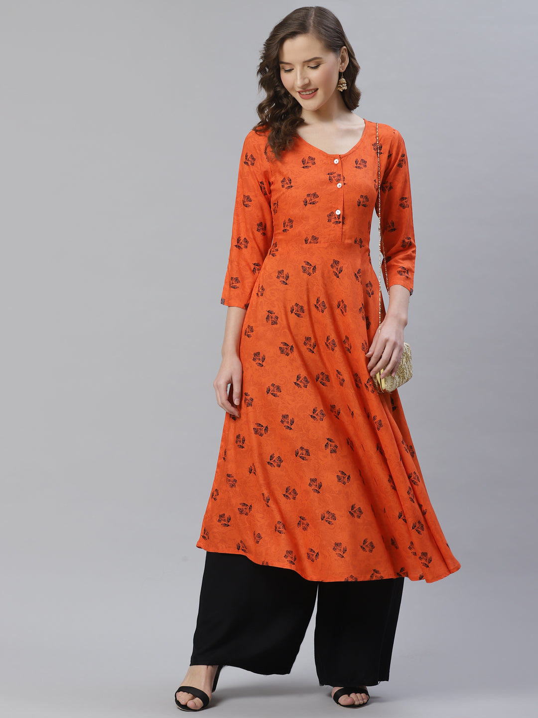 Jompers Women Orange & Black Floral Printed A-Line Kurta - Distacart