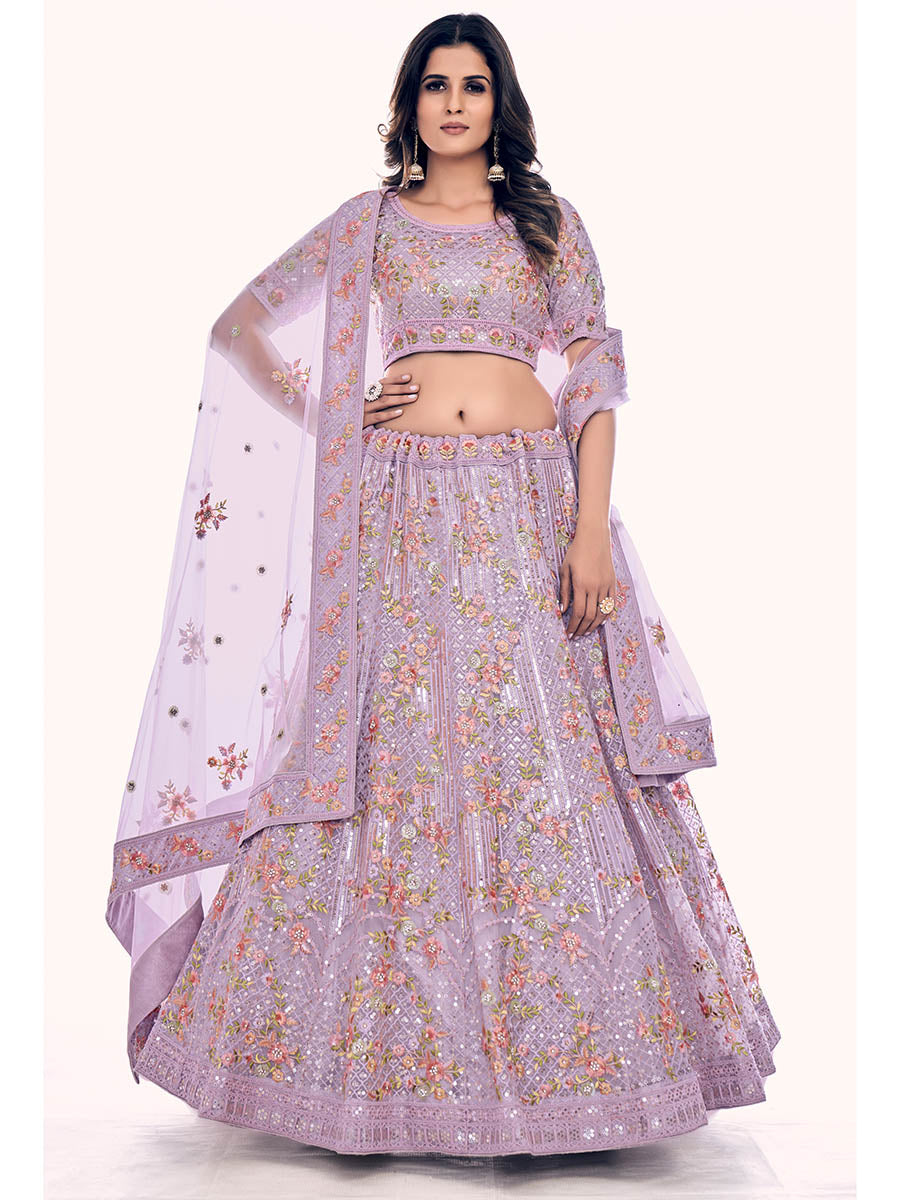 Myra Lilac Soft Net Embroidered Designer Lehenga Choli - Distacart