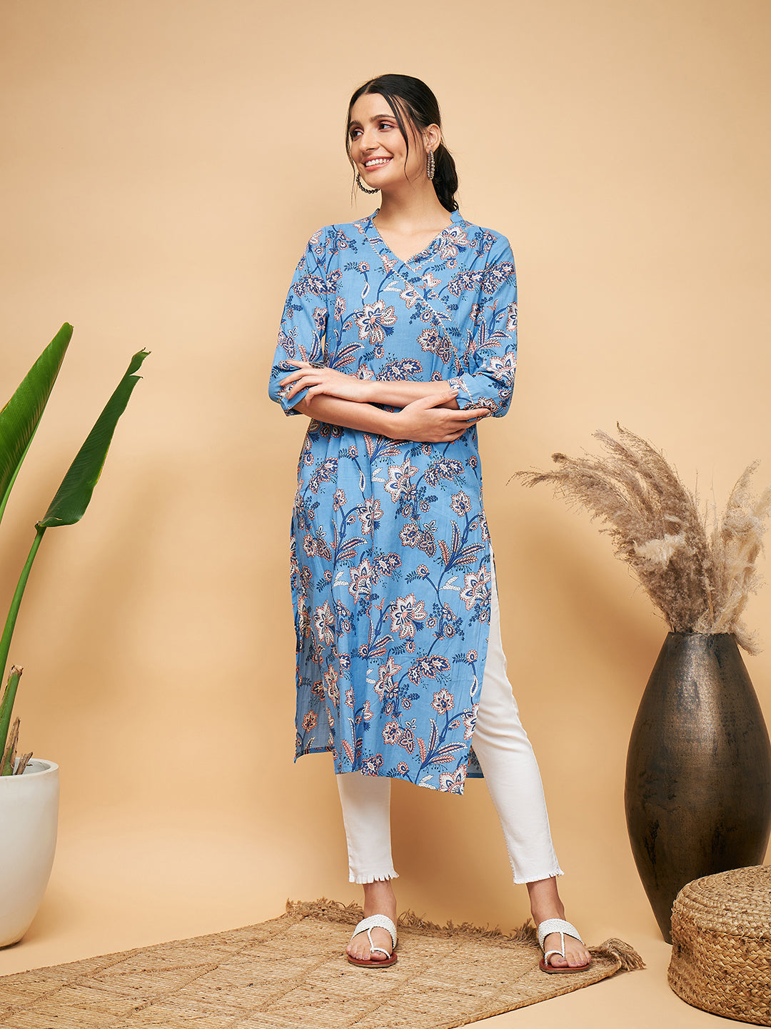 InWeave Women's Skyblue Pink Floral Angrakha Straight Kurta - Distacart