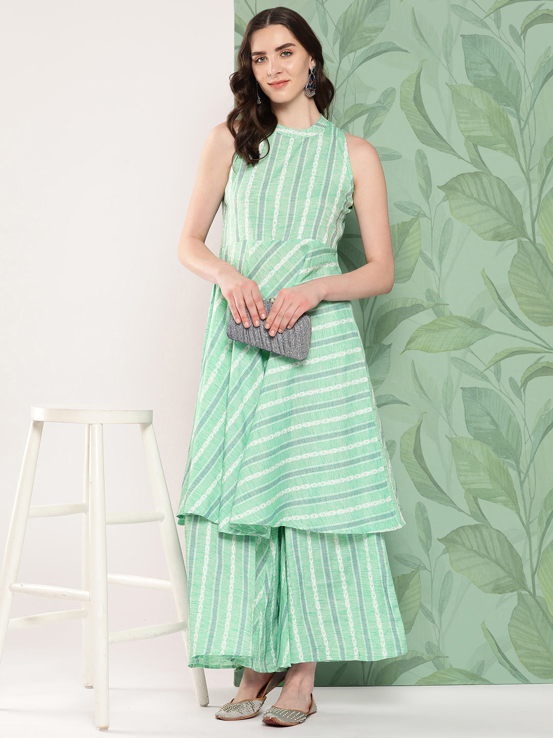 InWeave Women's Teal Kantha Striped Kurta Set - Distacart