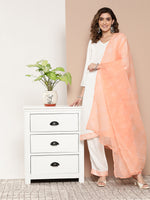 Thumbnail for InWeave Women's Cream Straight Kurta Set W Peach White Print Organza Dupatta - Distacart