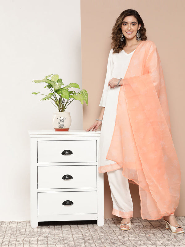 InWeave Women's Cream Straight Kurta Set W Peach White Print Organza Dupatta - Distacart